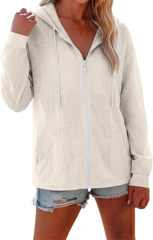Womens Zip Up Hoodies Lightweight Linen Long Sleeve Hooded Sweatshirts With Pockets Cute Trendy Pullover Sweat Shirt in Kuwait