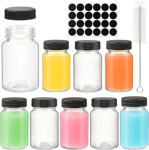 2 oz Glass Shot Bottles Black Lids & 24 Labels And Brush-Small Clear Jar for Ginger,Juice, Sample, Whiskey-Travel Essentials Mini Bottles-Wide Mouth, Leakproof,Wellness Shot,Dishwasher Safe (9) in Saudi Arabia