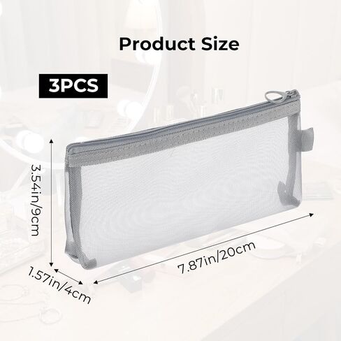 3 PCS Makeup Brush Pouch, Mesh Makeup Bag, Nylon Zipper Pouch, Mesh Makeups Brush Bag, Portable Clear Travel Cosmetic Bags, Small Organizer for Home Office Accessories in Saudi Arabia