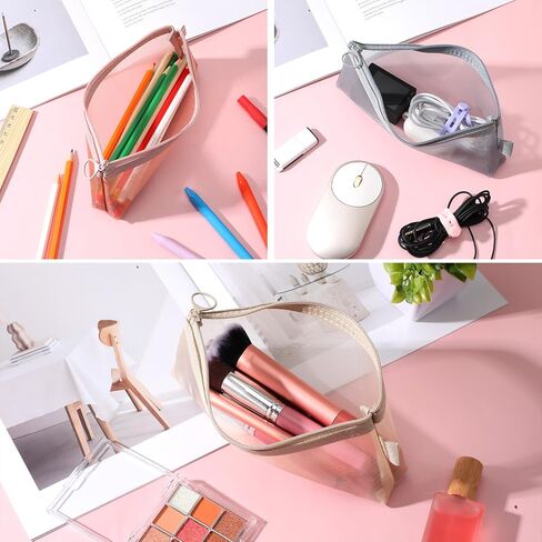 3 PCS Makeup Brush Pouch, Mesh Makeup Bag, Nylon Zipper Pouch, Mesh Makeups Brush Bag, Portable Clear Travel Cosmetic Bags, Small Organizer for Home Office Accessories in Saudi Arabia
