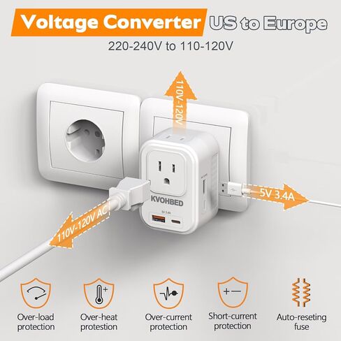 Voltage Converter US to Europe Travel: 220V to 110V Converter for European Country, Adapter with Fast Charging 2 USB A&2 Type C Worldwide Power Converter Adapter Combo for Germ, France, Italy, etc in Saudi Arabia