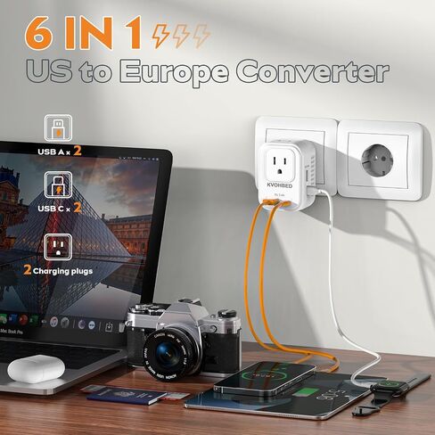 Voltage Converter US to Europe Travel: 220V to 110V Converter for European Country, Adapter with Fast Charging 2 USB A&2 Type C Worldwide Power Converter Adapter Combo for Germ, France, Italy, etc in Saudi Arabia