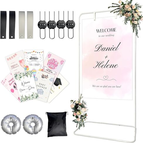 Large Wedding Welcome Sign Stand, Adjustable Height (78", 64", 50"),White hanging sign holder With Design Bundle & Ground Stakes & storage bag,Linen Sign Stand in Saudi Arabia