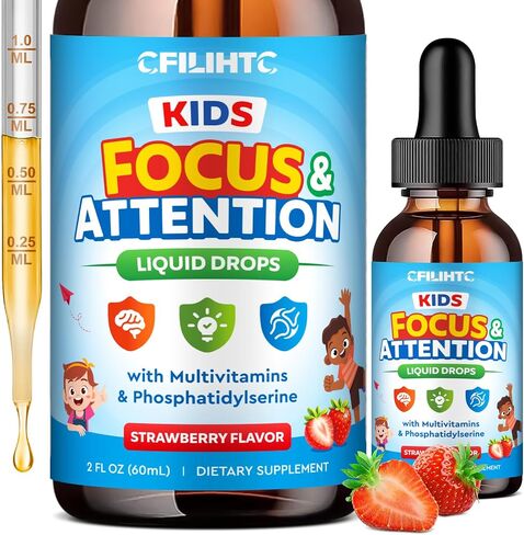 Kids Focus and Attention Supplements with Phosphatidylserine, Omega-3, Magnesium Glycinate & L-Theanine, Brain Vitamins Liquid Drops for Kids Memory, Cognitive, Sleep, Calm & Mood, Strawberry, 2 Fl Oz in Saudi Arabia