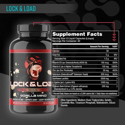 Gorilla Mind Lock & Load® - Semen Volume & Quality Support | Libido · Erection Quality · Pleasure | Sunflower Lecithin, Pygeum, L-Lysine | Licaps® Delivery | 180 Capsules in Saudi Arabia