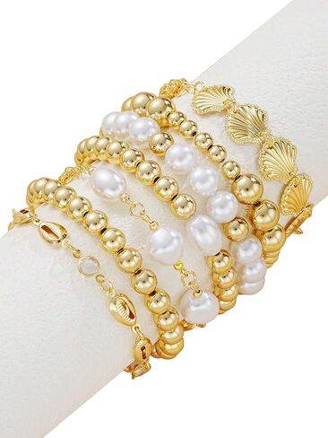 TEBIEKOY 7Pcs Gold Beaded Pearl Bracelet Set for Women, Boho Stackable Layered Bracelet Summer Beach Vacation Jewelry Accessories with Shell Charms and Baroque Pearls for Women in Saudi Arabia