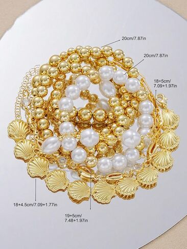 TEBIEKOY 7Pcs Gold Beaded Pearl Bracelet Set for Women, Boho Stackable Layered Bracelet Summer Beach Vacation Jewelry Accessories with Shell Charms and Baroque Pearls for Women in Saudi Arabia
