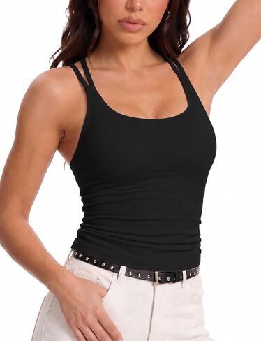 Buauty Built in Bra Tank Tops for Women, Longline Criss Cross Strappy Back Sports Bras Workout Yoga Gym Athletic Tops in Kuwait