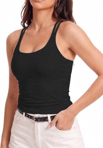 Buauty Built in Bra Tank Tops for Women, Longline Criss Cross Strappy Back Sports Bras Workout Yoga Gym Athletic Tops in Kuwait