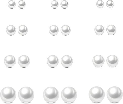 12 Pairs Womens Pearl Stud Earrings Set, Hypoallergenic Stainless Steel 4 Sizes Classic Simulated Pearl Jewelry in Kuwait