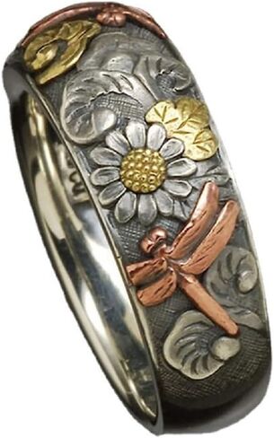 DOCCESTU Vintage Silver and Rose Gold Colorful Carved Dragonfly Sunflower Ring Embossed Alloy Ring Women's Bohemian Metal Garland Size 9 in Saudi Arabia