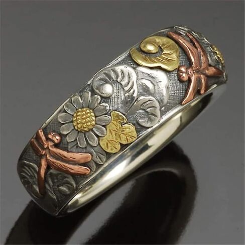 DOCCESTU Vintage Silver and Rose Gold Colorful Carved Dragonfly Sunflower Ring Embossed Alloy Ring Women's Bohemian Metal Garland Size 9 in Saudi Arabia