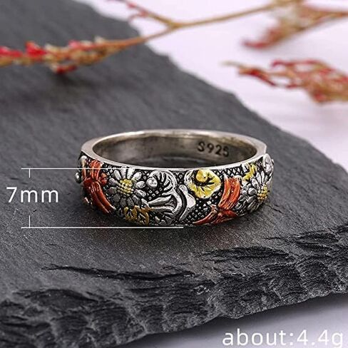 DOCCESTU Vintage Silver and Rose Gold Colorful Carved Dragonfly Sunflower Ring Embossed Alloy Ring Women's Bohemian Metal Garland Size 9 in Saudi Arabia