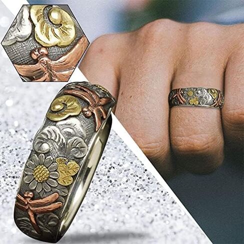 DOCCESTU Vintage Silver and Rose Gold Colorful Carved Dragonfly Sunflower Ring Embossed Alloy Ring Women's Bohemian Metal Garland Size 9 in Saudi Arabia