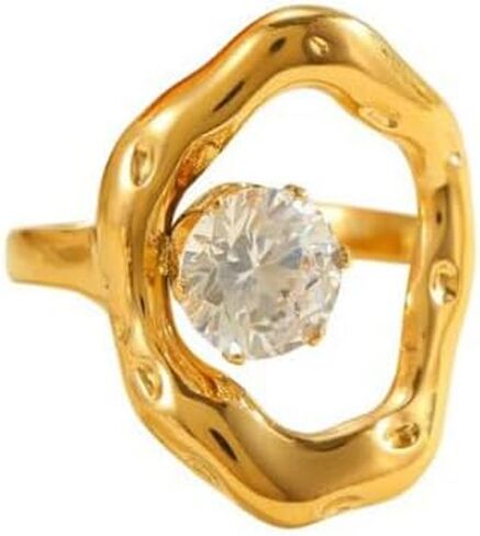 Oval Round Loop Crystal Statement Open Ring for Women - Rhinestone Irregular Geometric 18K Gold Plated Stainless Steel Adjustable Chunky Finger Rings Wedding Anniversary Band Stack Dainty Jewelry in Kuwait