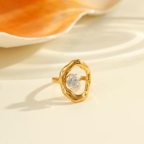 Oval Round Loop Crystal Statement Open Ring for Women - Rhinestone Irregular Geometric 18K Gold Plated Stainless Steel Adjustable Chunky Finger Rings Wedding Anniversary Band Stack Dainty Jewelry in Kuwait