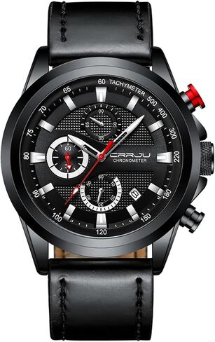 CRRJU Men's Watches, Business Casual Chronograph Quartz Waterproof Wristwatch Black Leather Strap Watch for Man in Saudi Arabia