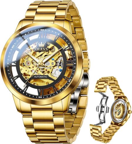OLEVS Mens Skeleton Watches Automatic Self Winding Mechanical Designer Luxury Dress Stainless Steel Waterproof Original Wrist Watches for Men in Kuwait