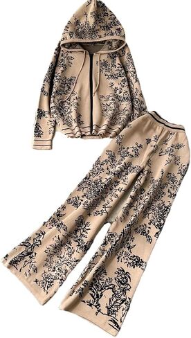 Women Vintage Print Knit 2 Piece Sets Knit Hooded Zipper Coats High Waist Wide Leg Pants Suits in Saudi Arabia