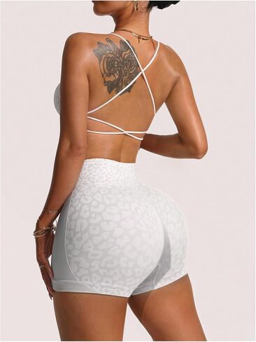 GORGLITTER Women's Leopard Workout Set 2 Piece Criss Cross Backless Sports Bra Biker Shorts Sets Gym Yoga Tracksuits White Medium in Kuwait