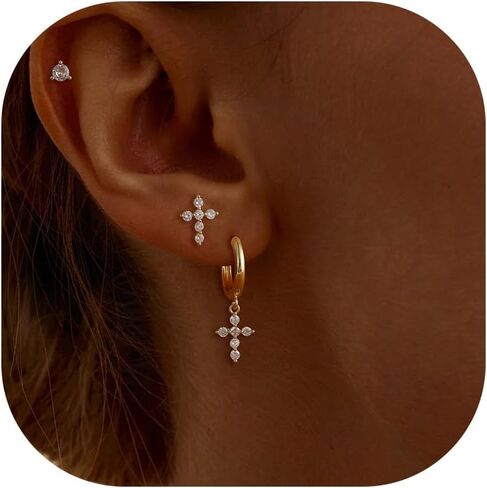 SHERLOVE Gold Earring Stacks Women 3Pairs Dangle Stud Huggie Hoop Set | 14K Gold Plated Cubic Zirconia,Hypoallergenic Non tarnish,Dainty Elegant Cute Small,Prom Wedding Minimalist Everyday Jewelry in Saudi Arabia