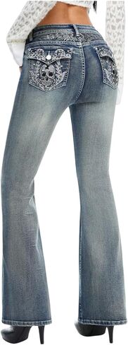 Women's Mid Rise Stretch Bootcut Jeans - Skull Embroidered Blue Denim Pants with Rhinestones Y2K in Saudi Arabia