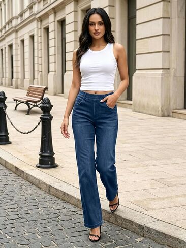 Wide Leg Jeans for Women Straight Leg High Waist Stretchy Jeans Tummy Control Waist Trendy Denim Pants in Kuwait