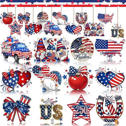12Pcs Independence Day Ornaments 4th of July Wooden Hanging Decorations with Ice Cream Cake 250 Decorations Design Wooden Dwarf Fireworks Cat Patriotic Star Tree Ornaments for Holiday Party Supplies in Saudi Arabia