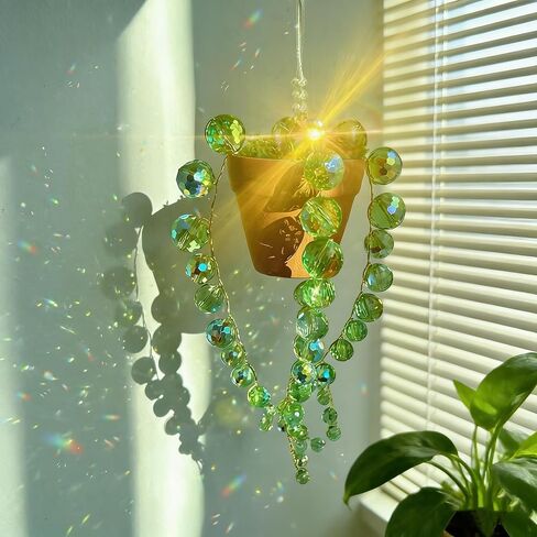 Bling Suncatcher String of Beads Plant Hanging, Handcrafted Crystal Succulent Sun Catchers for Window Hanging, Gardenn Crystal Sun Catcher Plant Lover Gift Mom Gifts (Green) in Saudi Arabia