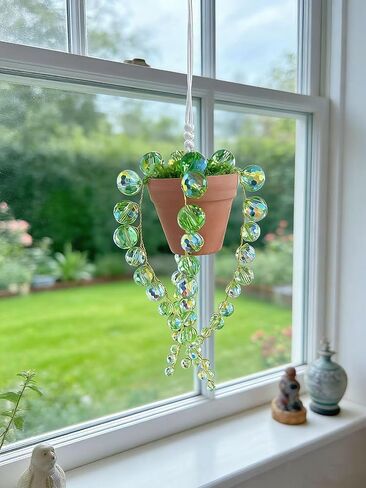 Bling Suncatcher String of Beads Plant Hanging, Handcrafted Crystal Succulent Sun Catchers for Window Hanging, Gardenn Crystal Sun Catcher Plant Lover Gift Mom Gifts (Green) in Saudi Arabia