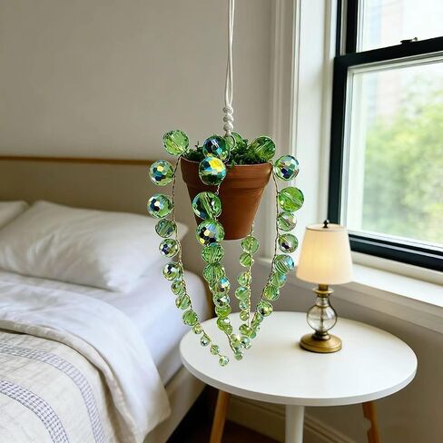 Bling Suncatcher String of Beads Plant Hanging, Handcrafted Crystal Succulent Sun Catchers for Window Hanging, Gardenn Crystal Sun Catcher Plant Lover Gift Mom Gifts (Green) in Saudi Arabia