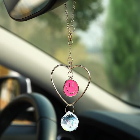 Car Rear View Mirror Accessories Car Hanging Ornament, Dark Pink Lily of The Valley Handmade Crystal Rearview Decor Charm Clear Quartz Beads Flower Swinging Interior Decor for Women Men in Saudi Arabia