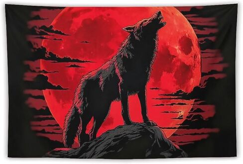 JYOUQOC Wolf Animal Blood Moon Silhouette Illustration Dark Mystery Tapestry Wall Hanging Large Wall Art Decor Flag Backdrop for Bedroom Living Room Dorm 40"×60" in Saudi Arabia