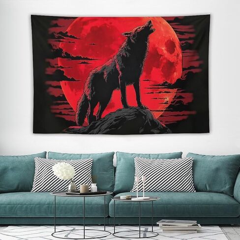 JYOUQOC Wolf Animal Blood Moon Silhouette Illustration Dark Mystery Tapestry Wall Hanging Large Wall Art Decor Flag Backdrop for Bedroom Living Room Dorm 40"×60" in Saudi Arabia