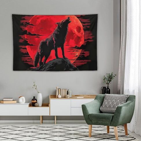 JYOUQOC Wolf Animal Blood Moon Silhouette Illustration Dark Mystery Tapestry Wall Hanging Large Wall Art Decor Flag Backdrop for Bedroom Living Room Dorm 40"×60" in Saudi Arabia