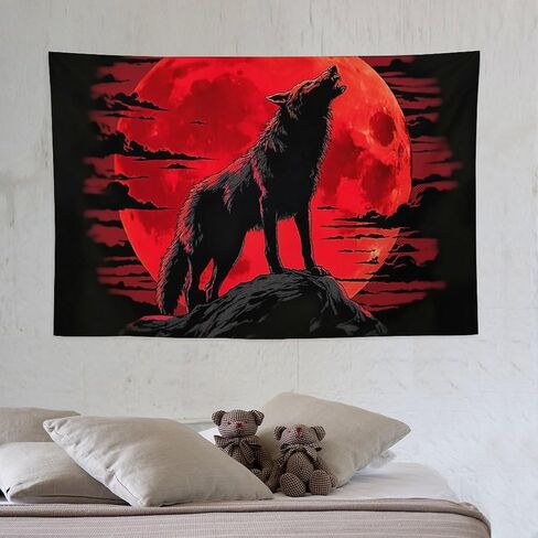 JYOUQOC Wolf Animal Blood Moon Silhouette Illustration Dark Mystery Tapestry Wall Hanging Large Wall Art Decor Flag Backdrop for Bedroom Living Room Dorm 40"×60" in Saudi Arabia