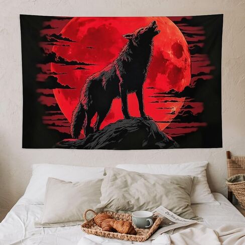JYOUQOC Wolf Animal Blood Moon Silhouette Illustration Dark Mystery Tapestry Wall Hanging Large Wall Art Decor Flag Backdrop for Bedroom Living Room Dorm 40"×60" in Saudi Arabia