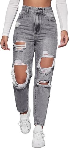 Floerns Women's High Waist Boyfriend Straight Leg Ripped Jeans Distressed Denim Pants Grey in Kuwait
