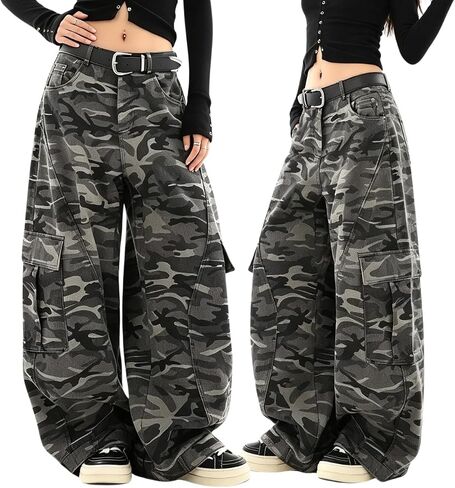 Camo Pants Women Barrel Cargo Pants Wide Leg High Rise Baggy Jeans Grunge Hip Hop Boyfriend Green Y2k Jeans in Saudi Arabia