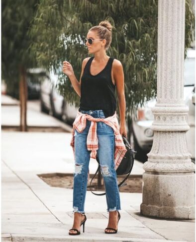 Women's Ripped Vintage Denim Jeans Fashion High Waist Distressed Frayed Hem Straight Leg Denim Pants in Kuwait