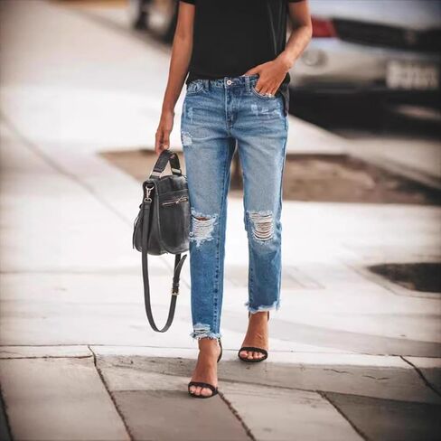 Women's Ripped Vintage Denim Jeans Fashion High Waist Distressed Frayed Hem Straight Leg Denim Pants in Kuwait