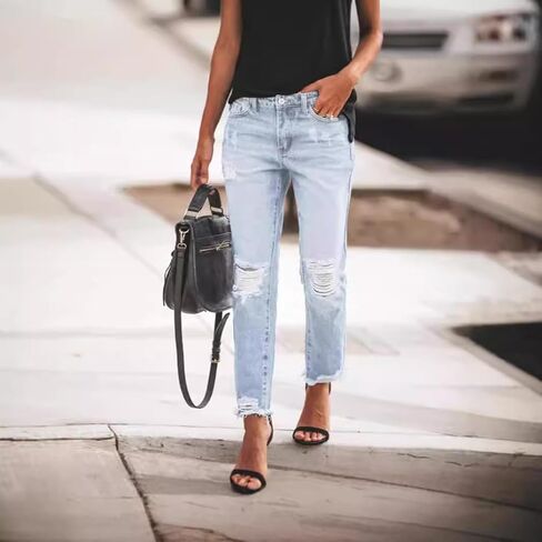 Women's Ripped Vintage Denim Jeans Fashion High Waist Distressed Frayed Hem Straight Leg Denim Pants in Kuwait