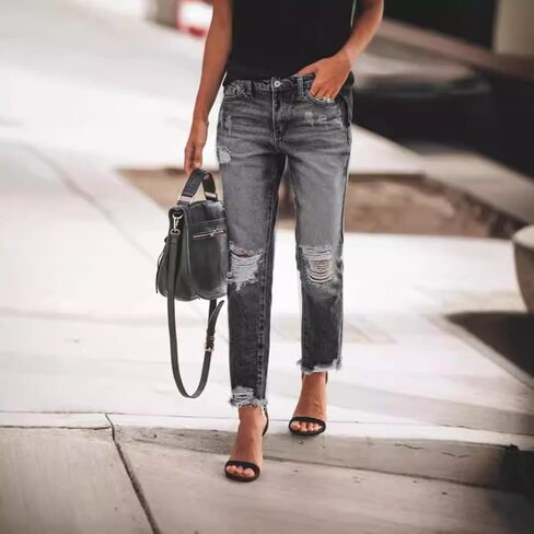 Women's Ripped Vintage Denim Jeans Fashion High Waist Distressed Frayed Hem Straight Leg Denim Pants in Kuwait