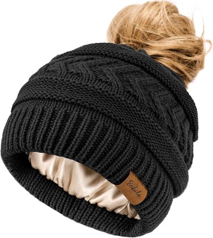 Bebila Ponytail Beanies for Women, Smooth Satin Liner Winter Knit Hat with Ponytail Hole for Running Workouts in Saudi Arabia