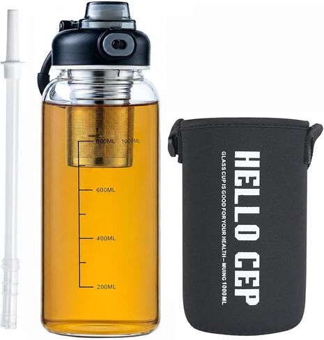 34oz Glass Water Bottle with Straw, Infuser & Protective Sleeve, BPA-Free Large Capacity drinking bottles for Hot or Cold Drinks, Perfect for Gym, Home & Office (34oz 1PCS) in Kuwait
