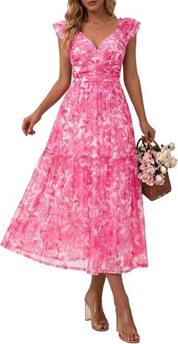 HUHOT Women's Stretchy Tulle Summer Midi Dress Ruffle Flowy Mesh Wedding Guest Sundress in Saudi Arabia