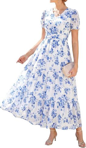 GRACE KARIN Women's 2026 Summer Wedding Guest Maxi Dresses Floral V Neck Short Sleeve Elegant Flowy Formal Dress with Pockets in Kuwait