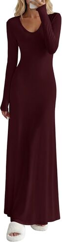 ANRABESS Women's Bodycon Scoop Neck Long Sleeve Maxi Dress | Soft Brushed Lined Stretch Knit,Slim Fit, Loungewear Night Out Party Dresses,Casual Elegant Style,Spring Fall Winter Wear in Kuwait