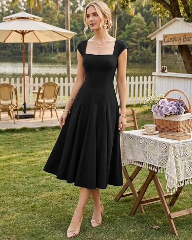 OXP Women's 2026 Summer Elegant Square Neck Cap Sleeve Midi Cocktail Semi Formal Dress for Wedding Guest Evening Party in Kuwait