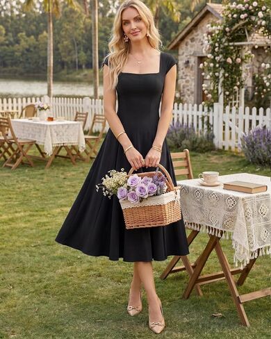 OXP Women's 2026 Summer Elegant Square Neck Cap Sleeve Midi Cocktail Semi Formal Dress for Wedding Guest Evening Party in Kuwait